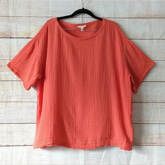 Eileen Fisher Size Large Boat Neck Boxy Blouse Organic Cotton Orange Color Gauge - Picture 10 of 10